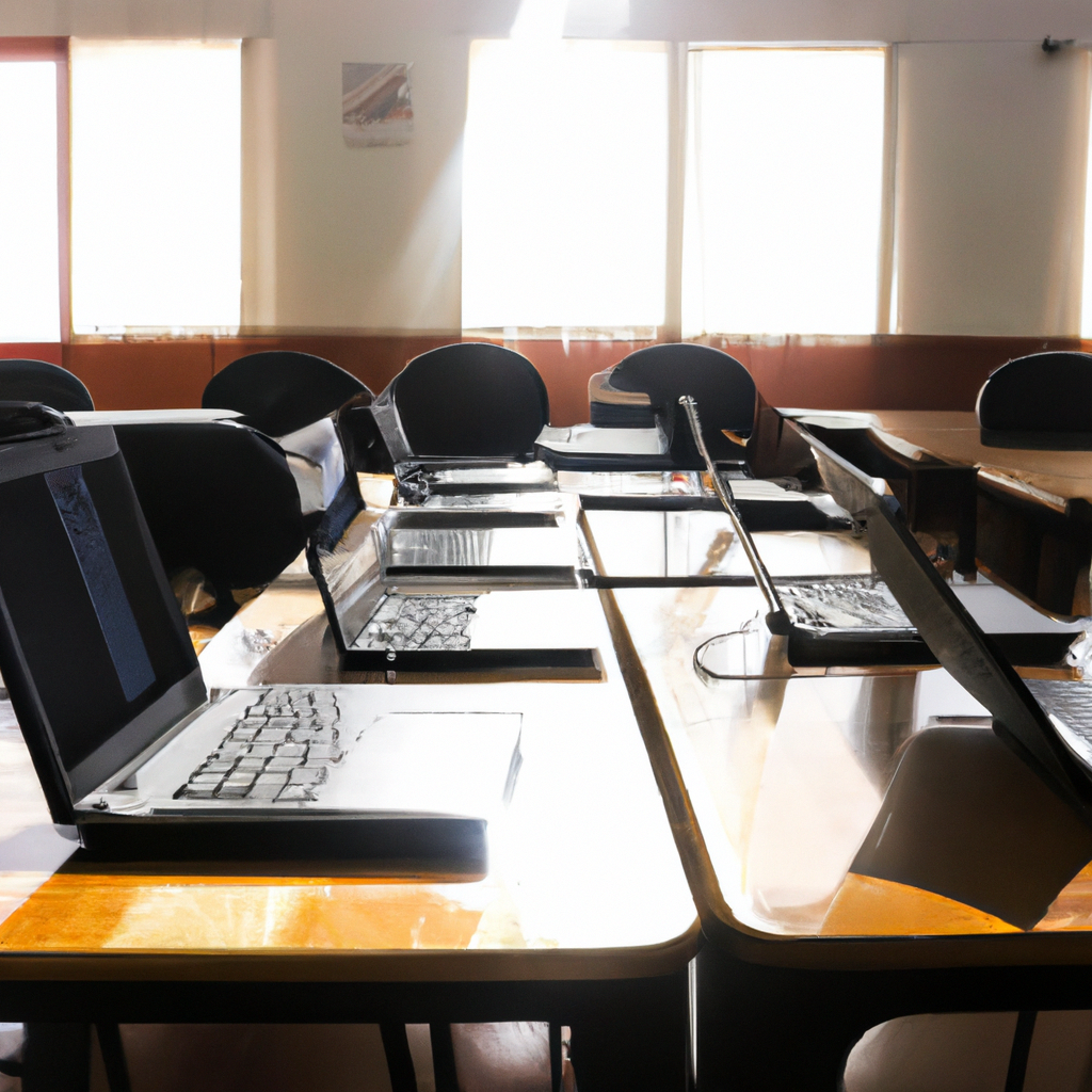 Aula moderna con laptops y estudiantes peruanos, ambiente de aprendizaje práctico